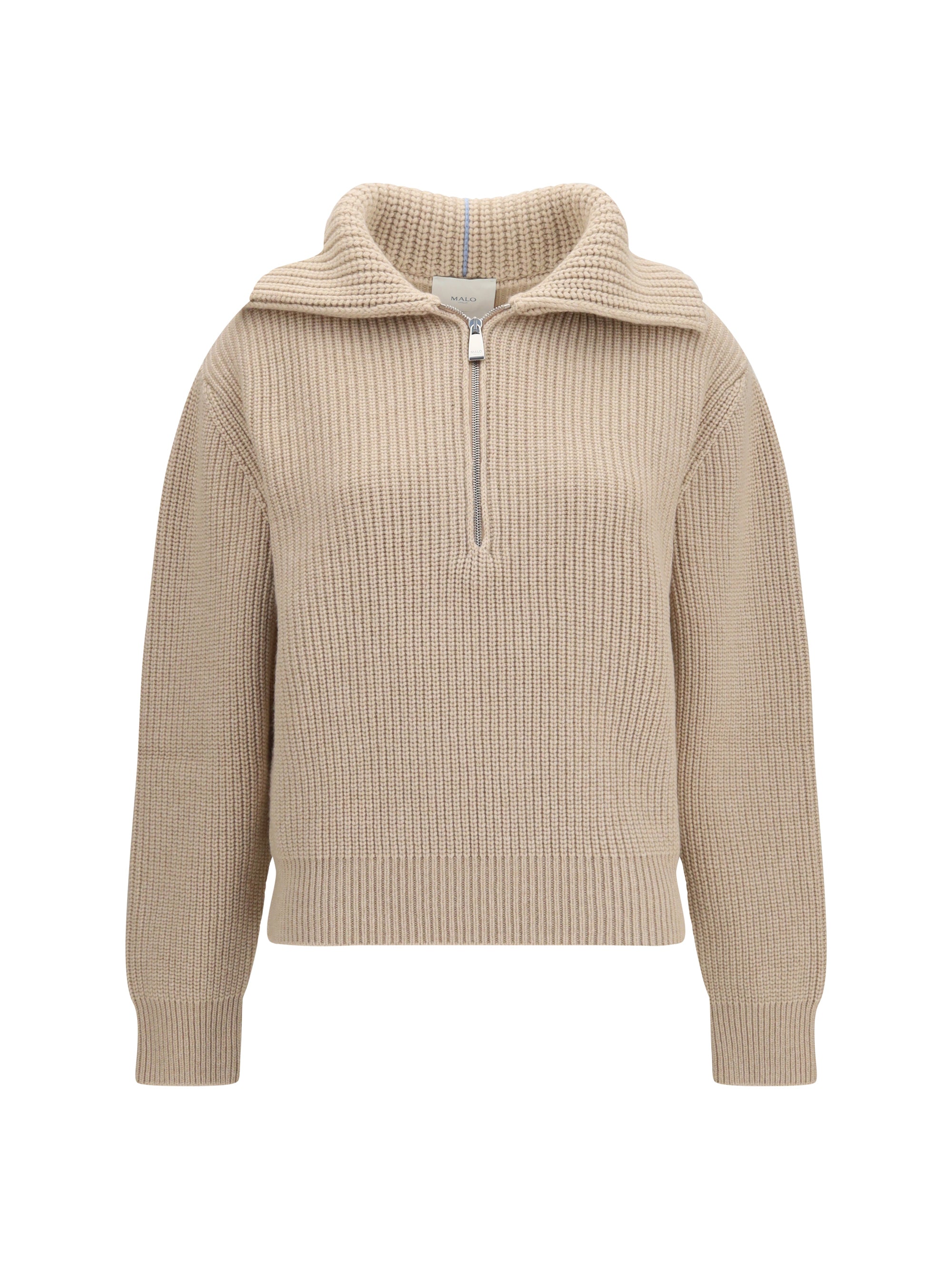 Cashmere High-Neck Zip Sweater — Beige