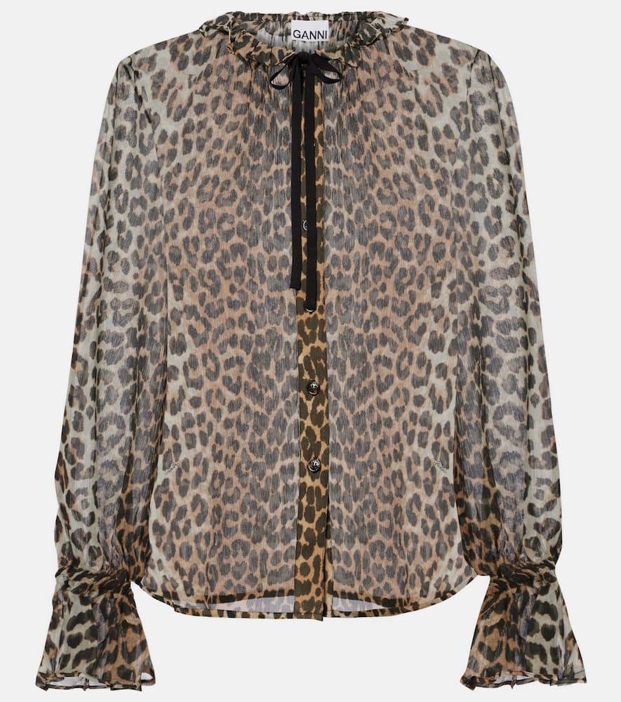 Leopard-print tie-neck chiffon blouse