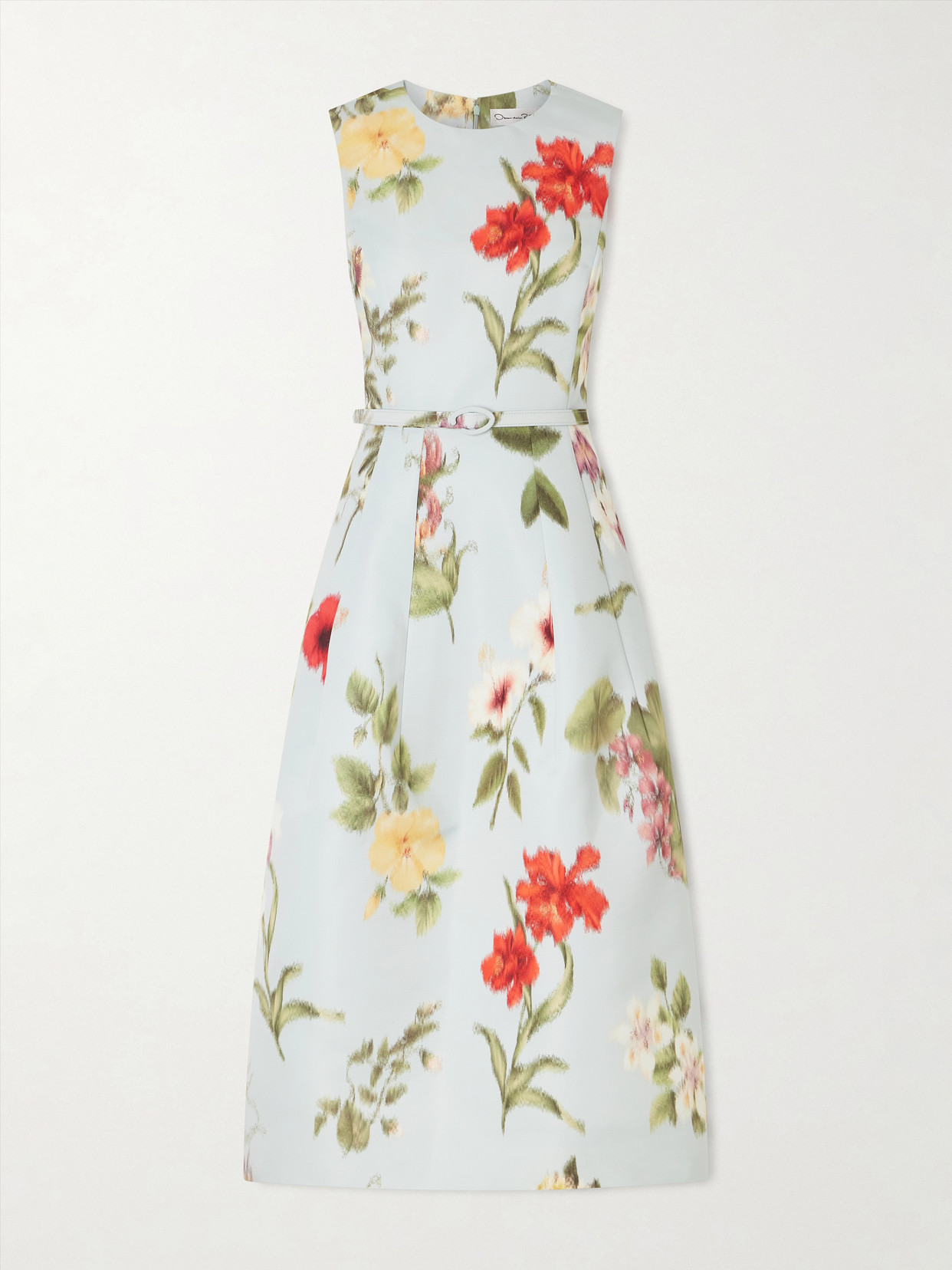 Belted Floral-print Faille Midi Dress - Blue