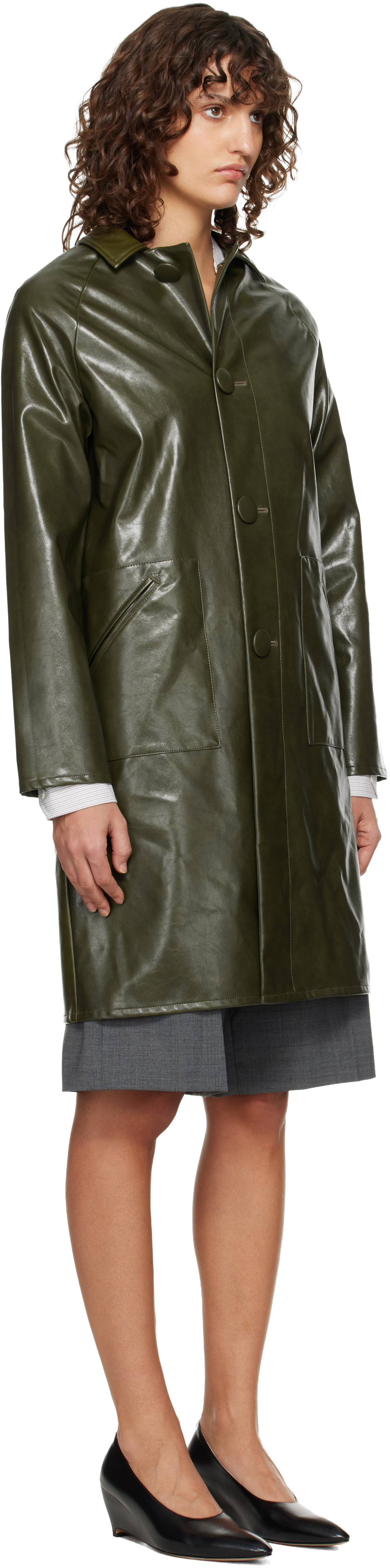 Khaki Raglan Faux-Leather Coat