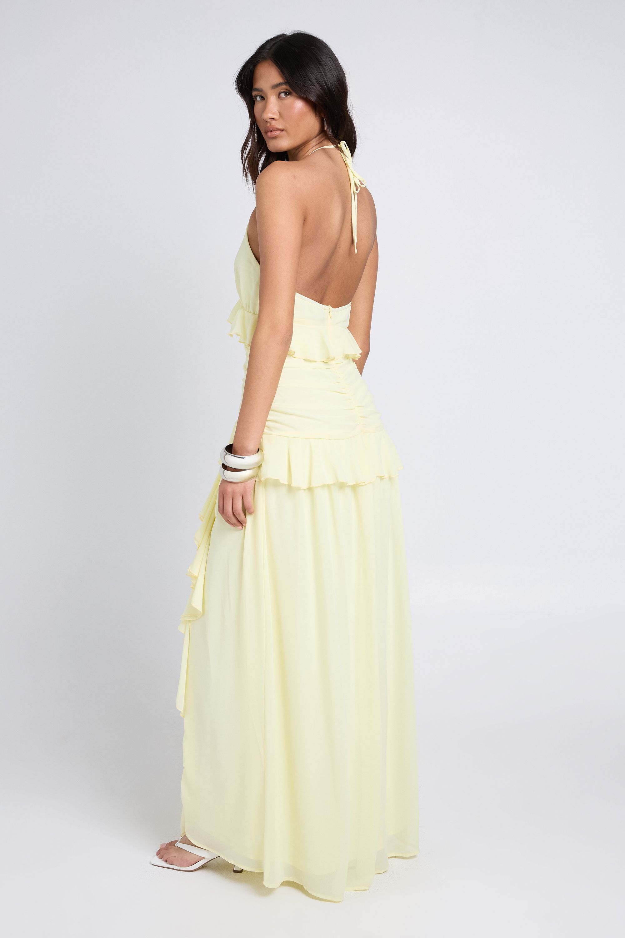 Boohoo Womens Halterneck Chiffon Ruffle Detail Maxi Dress - Yellow