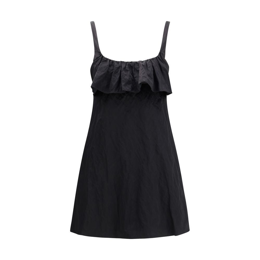 Ruffled Neckline Cotton-Blend Dress — Black