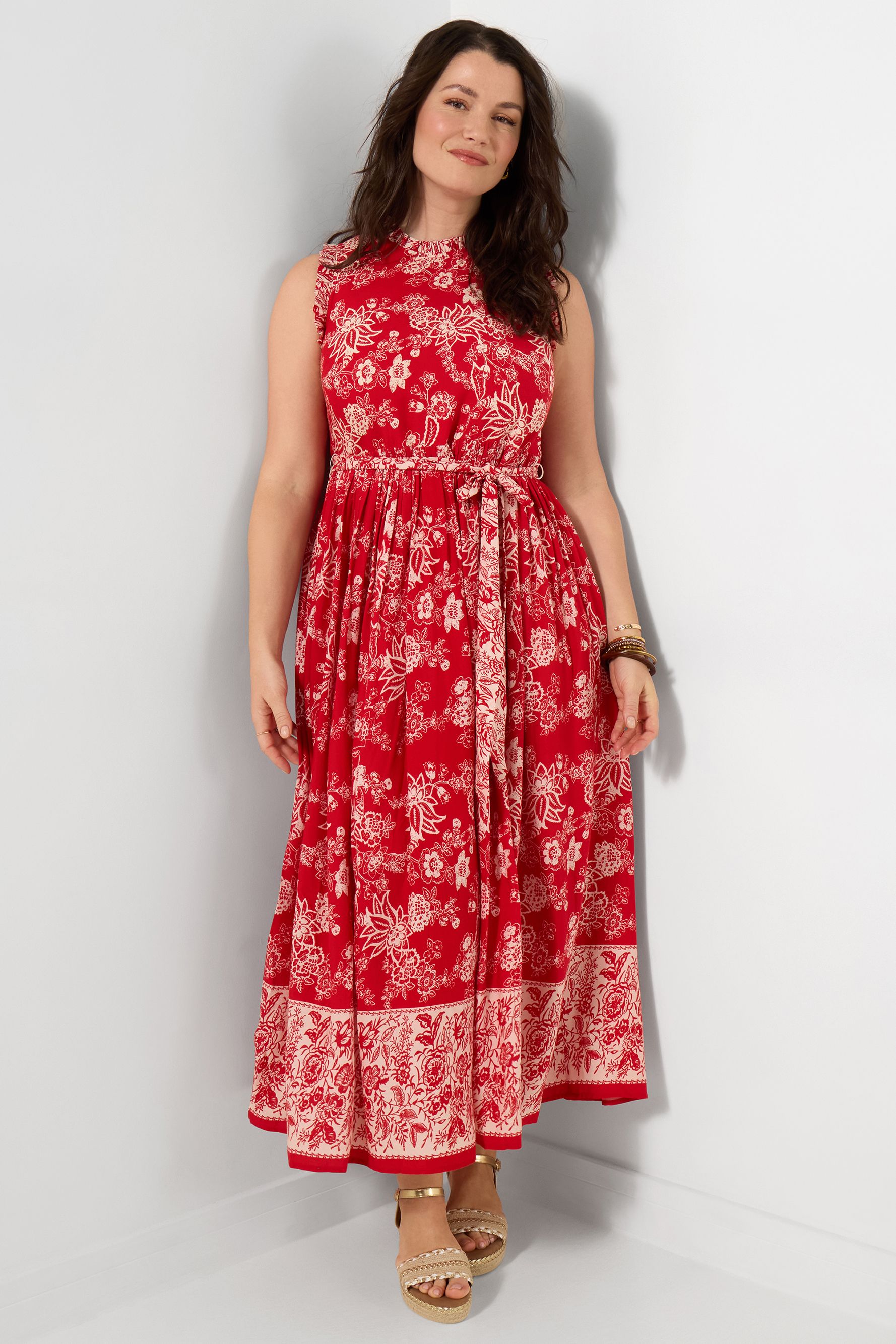 Joe Browns Floral Maxi Dress With Ruffle Collar And Border Print In Red