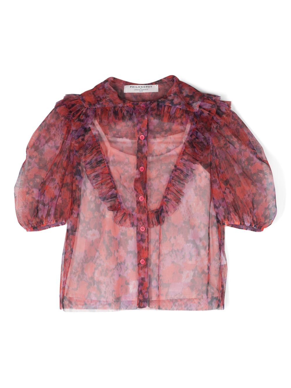 Ruffled semi-sheer blouse - Red
