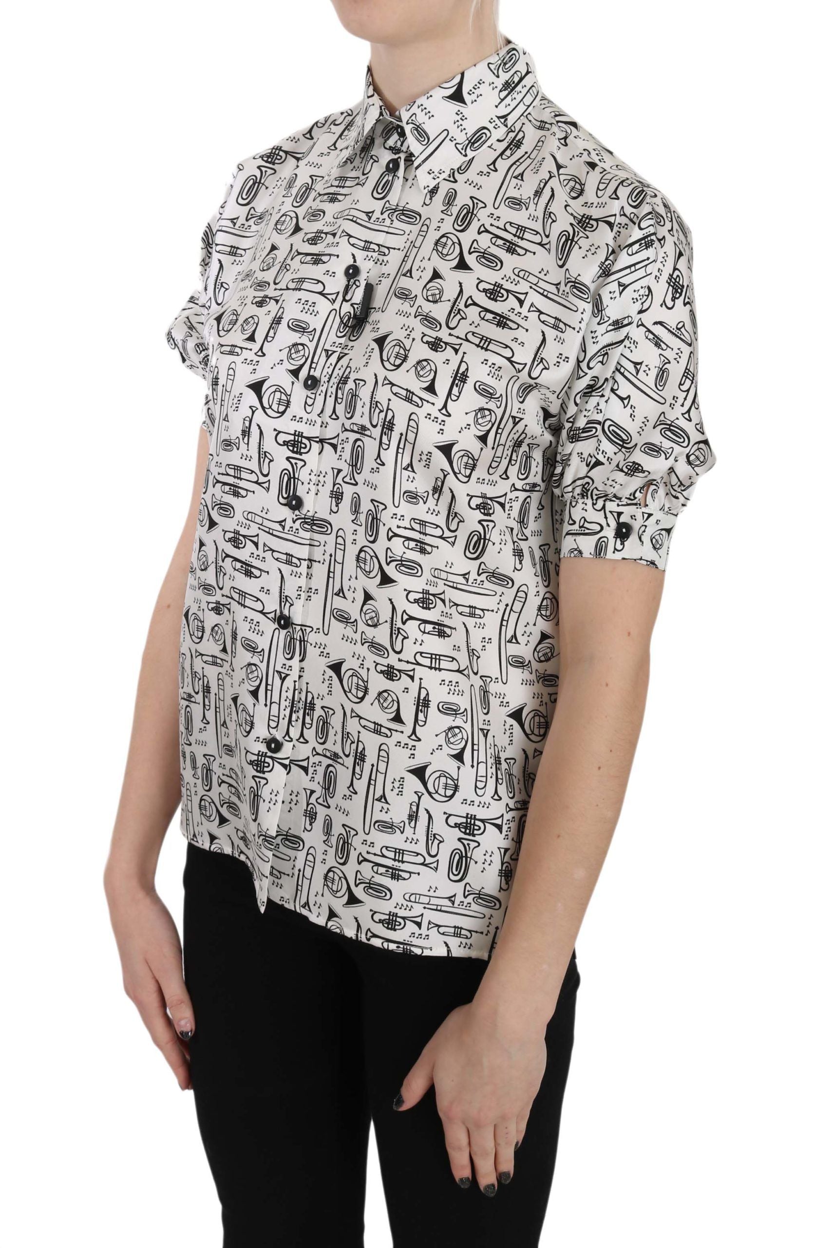 Trumpet Print Silk Blouse — White