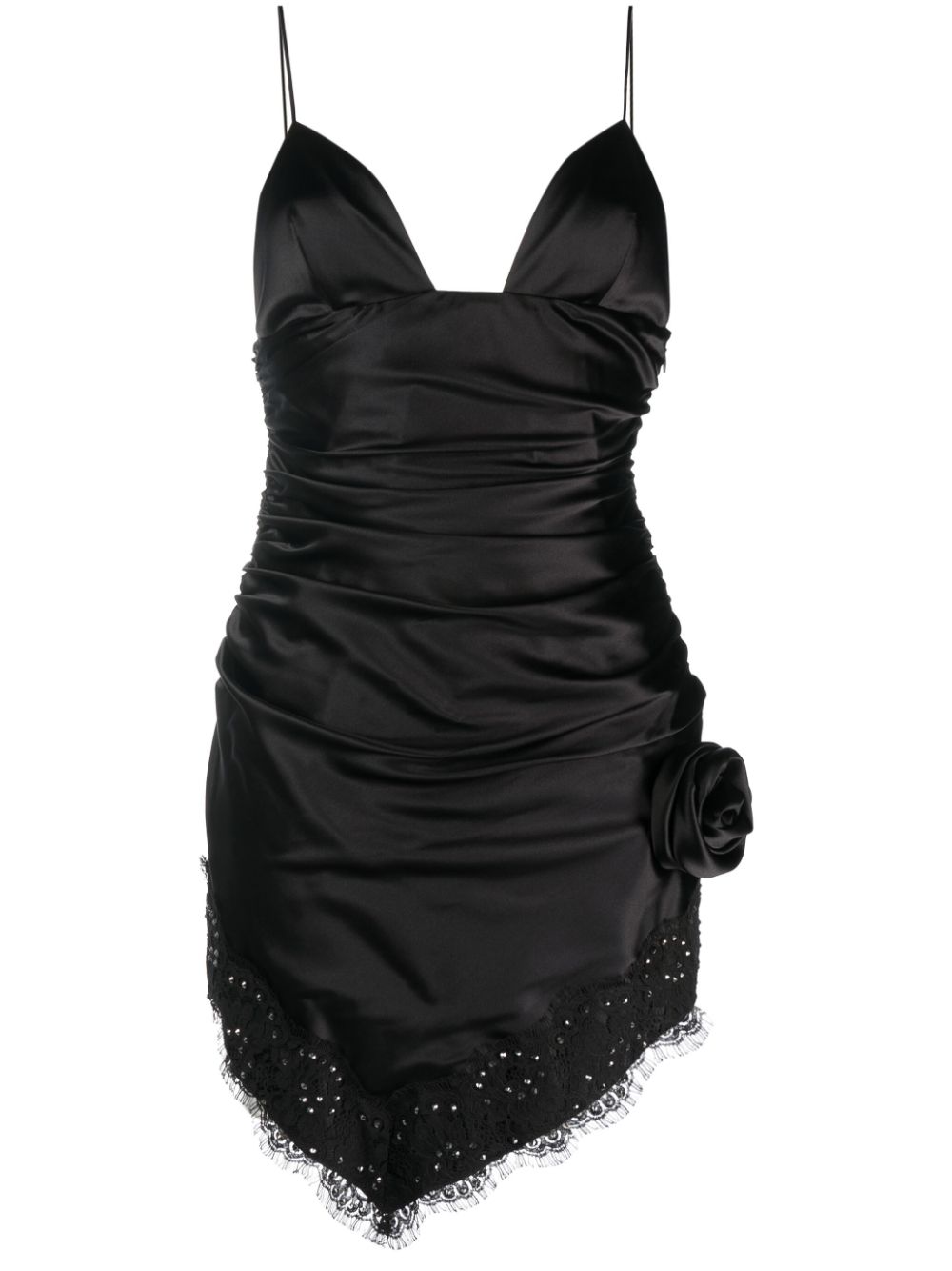 Rose-appliqué asymmetric minidress - Black