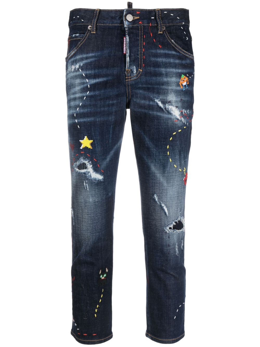 Embroidered-design cropped jeans - Blue