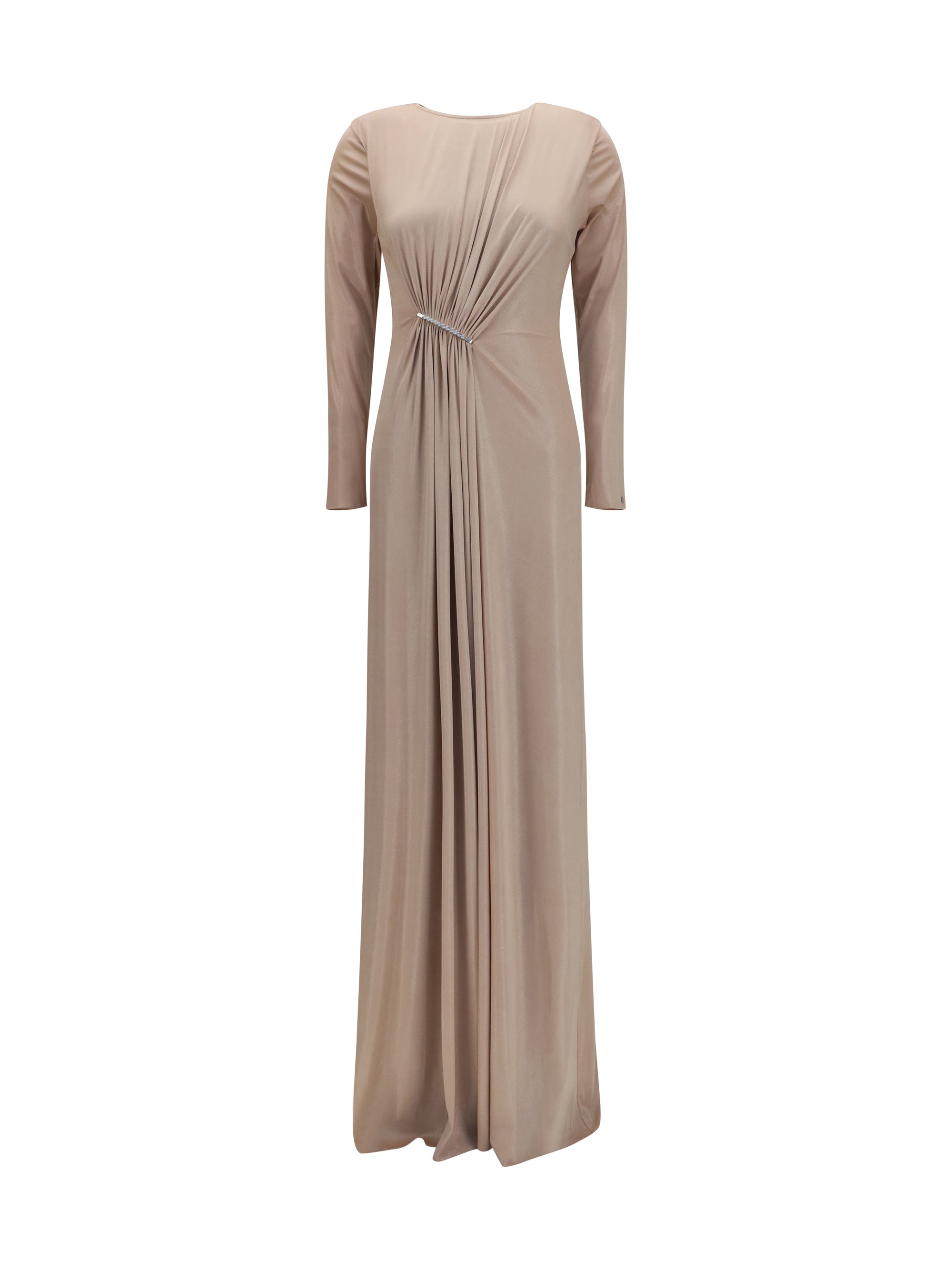 Crystal-Detail Chiffon Dress — Beige