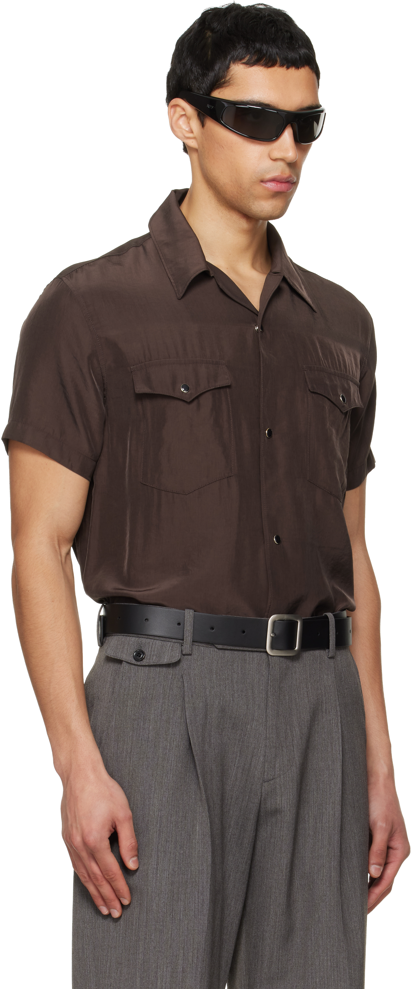Brown Washed Rayon Pearl Snap Shirt