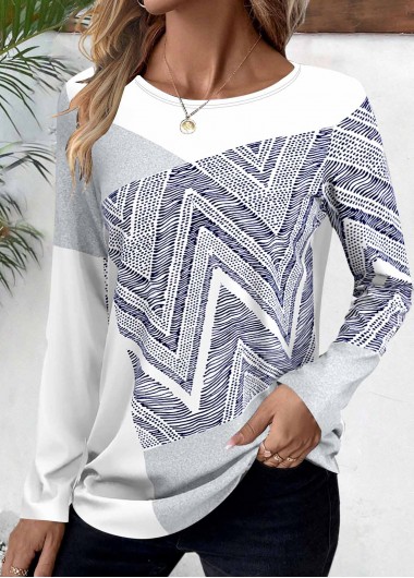 Modlily White Patchwork Geometric Print Long Sleeve T Shirt