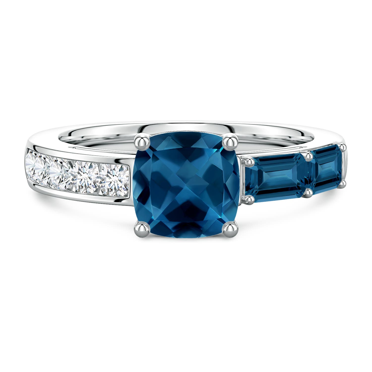 Lee Harris x Angara 2.84 CTW Cushion London Blue Topaz Modern Art Deco Inspired Side Stone Ring in Platinum