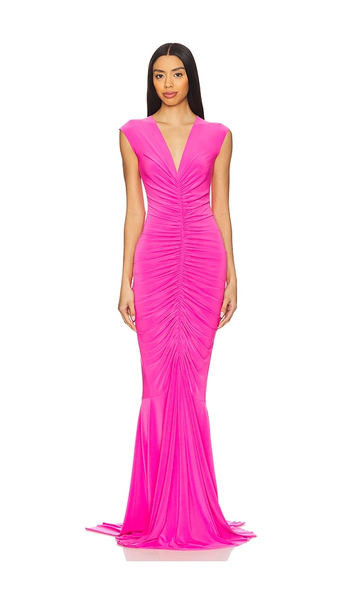 Norma Kamali x REVOLVE Sleeveless Deep V Neck Shirred Front Fishtail Gown in Pink. -  XS also in M