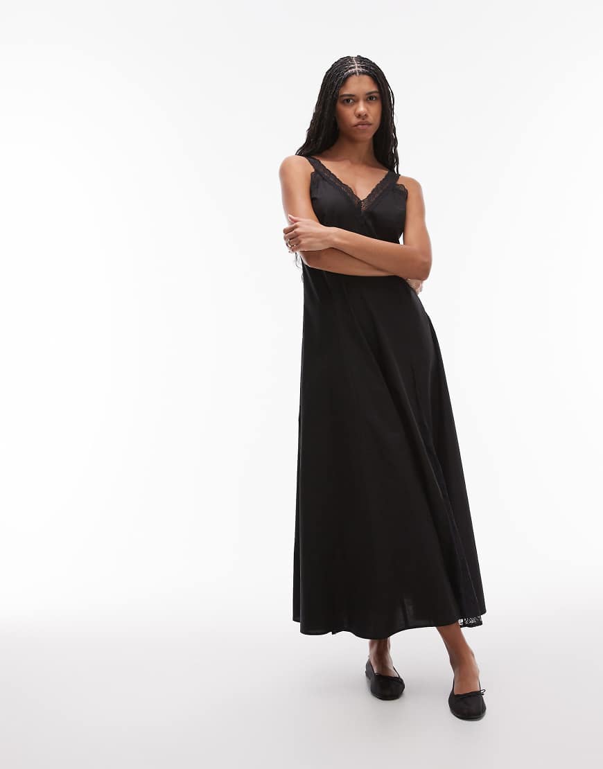 Poplin lace godet midi dress in black