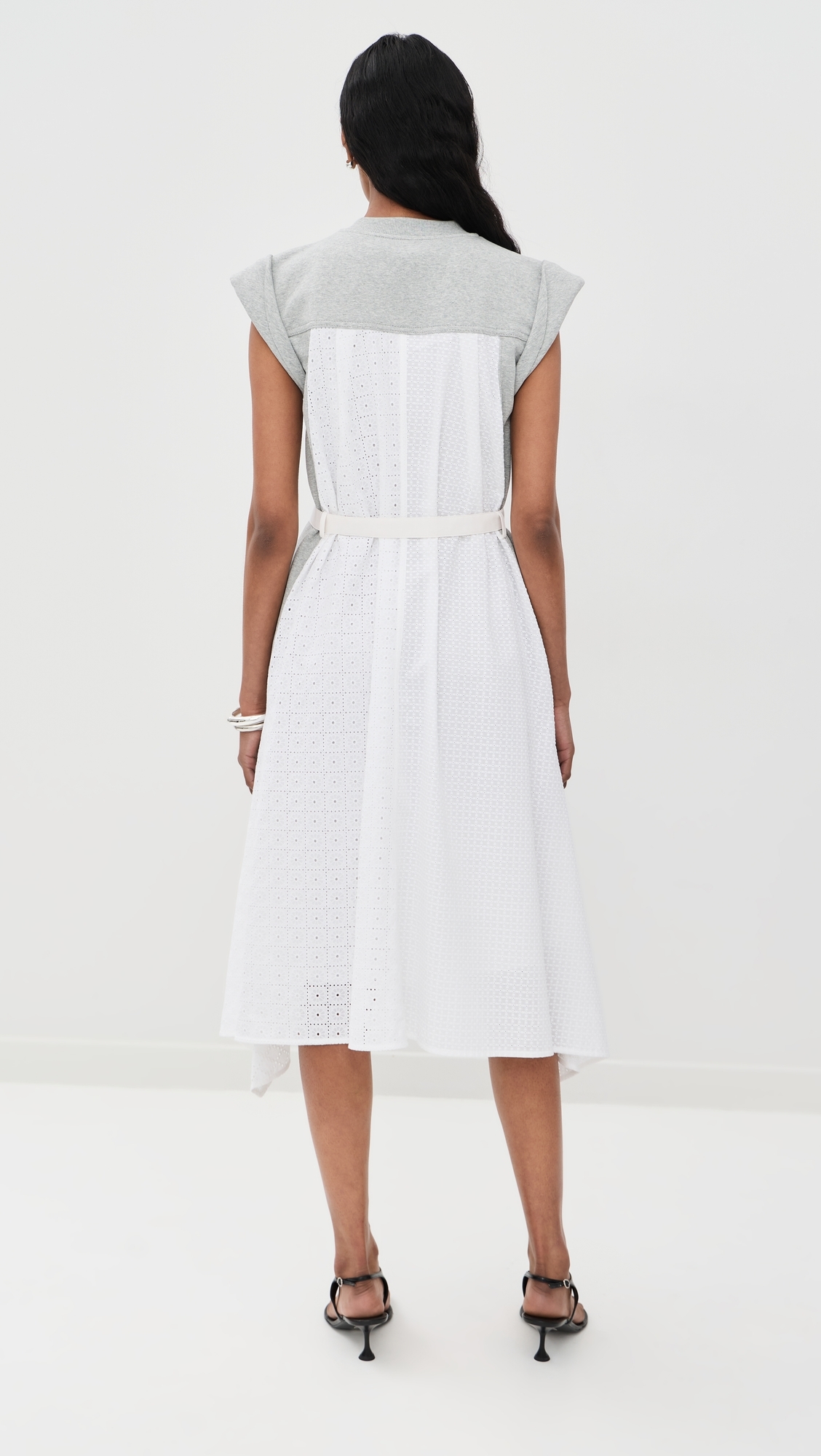 Sleeveless French Terry Midi Dress with Broderie Anglaise Lt Grey Melange/White