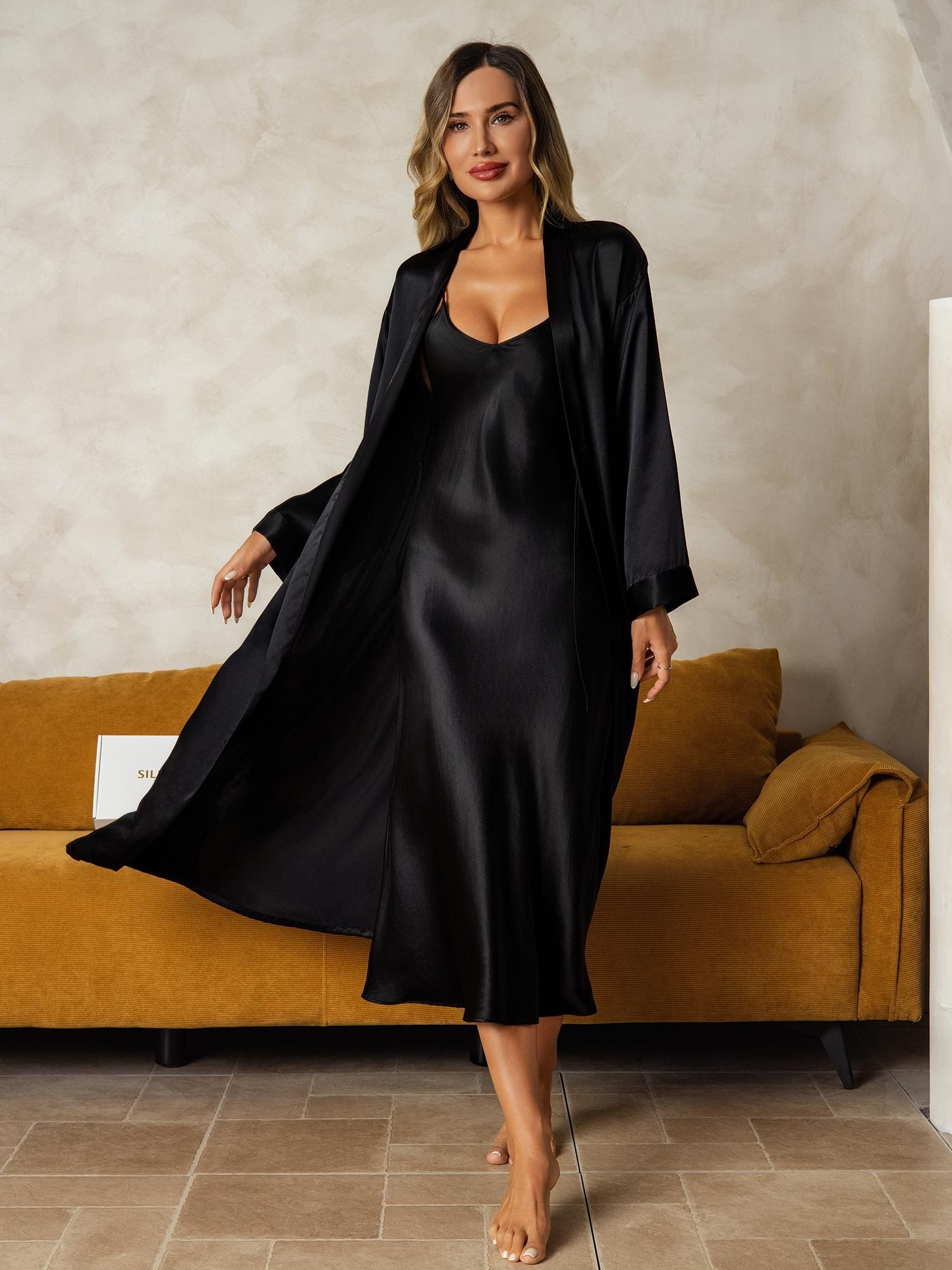 Pure Silk V-Neck Midi Nightgown & Robe Set 2Pcs
