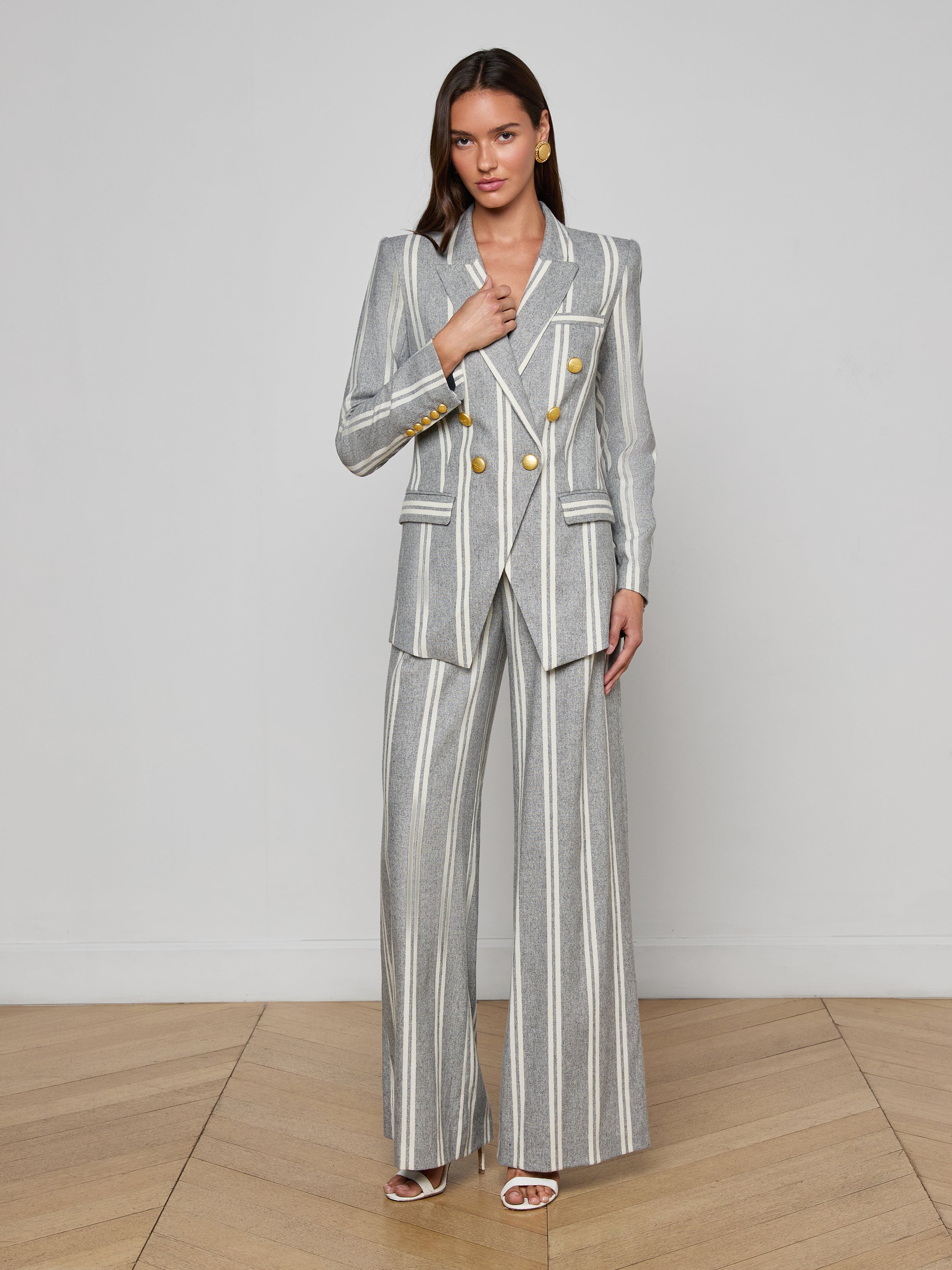 Kendi Longline Blazer In Grey/ivory Stripe
