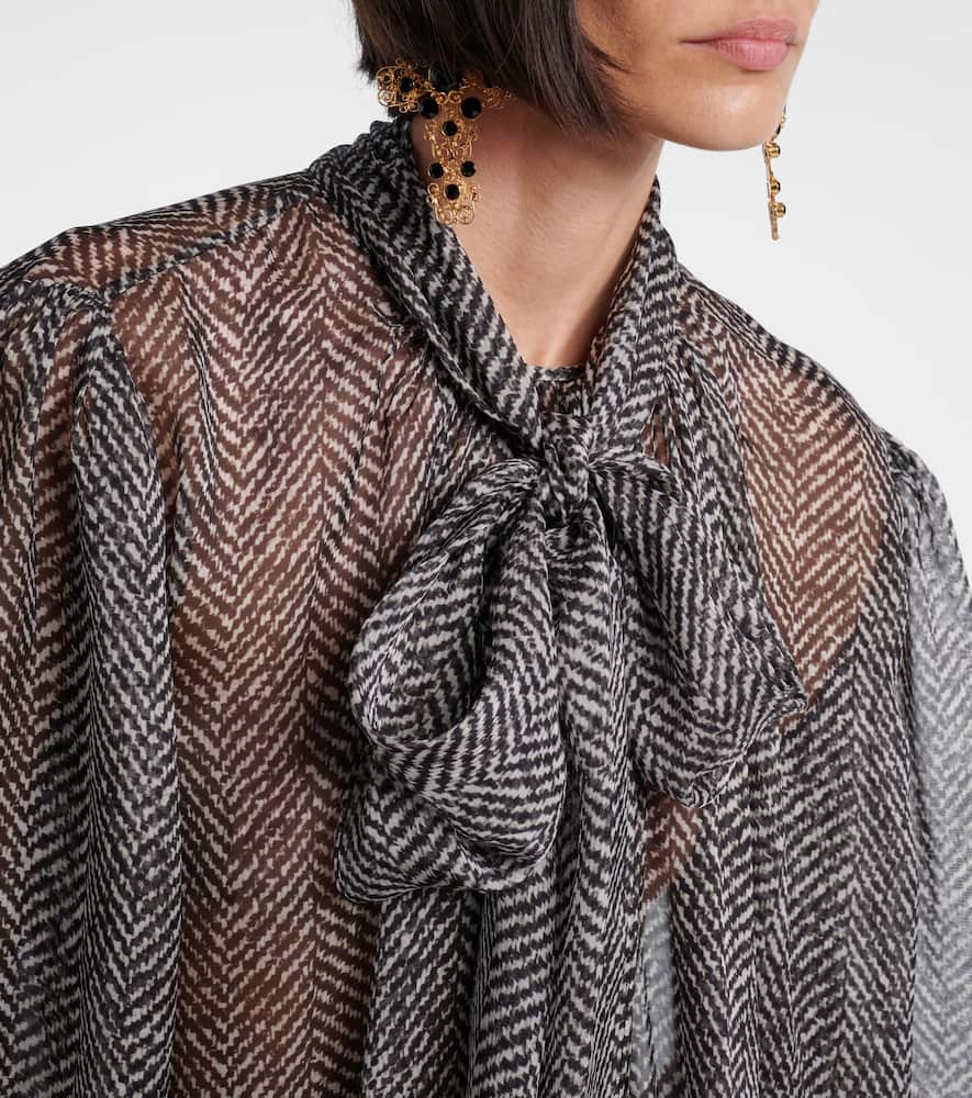 Tie-neck herringbone silk chiffon blouse