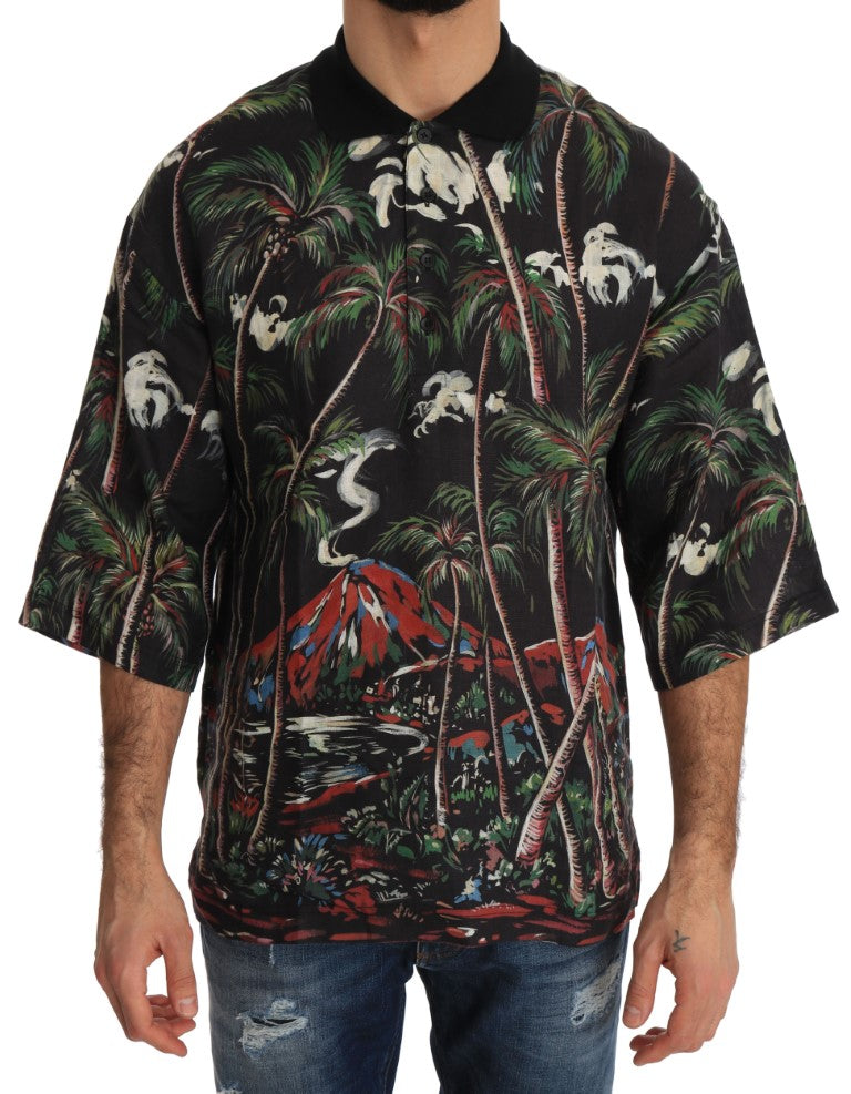 Volcano Sicily Print Cotton Shirt — Black