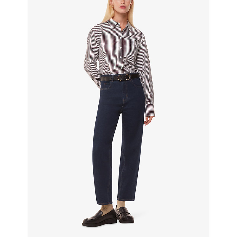 Womens Navy Barrel-leg High-rise Stretch-denim Jeans