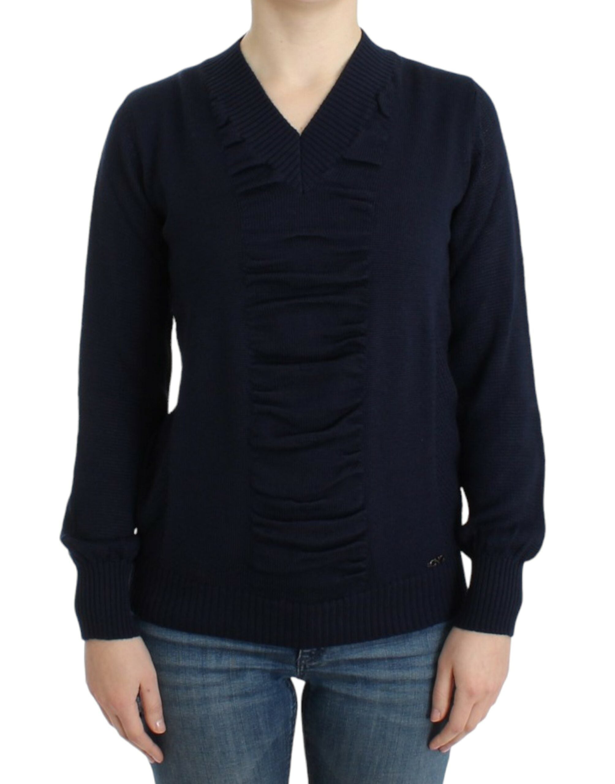 V-Neck Wool-Acrylic Blend Sweater — Navy