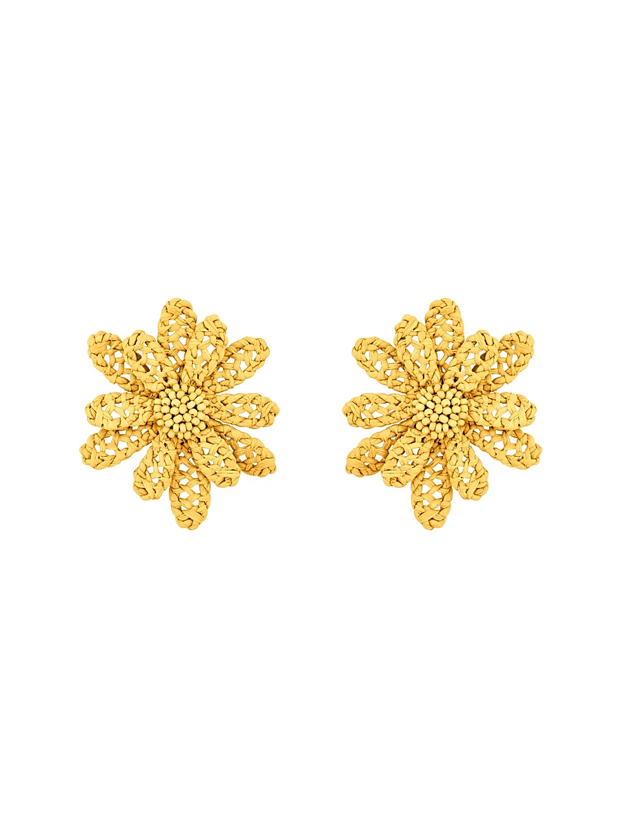 Women's Large Woven Flower Raffia Stud Earrings - Yellow