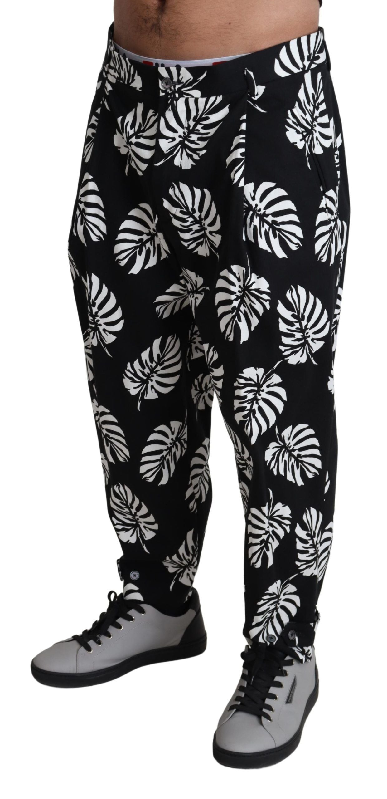 Palm Leaf Print Cotton-Stretch Trousers — Black