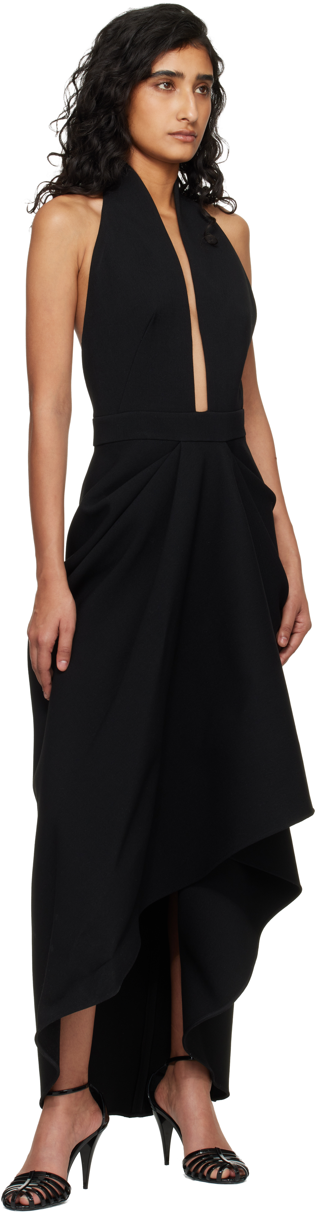 Black Draped Wool Maxi Dress
