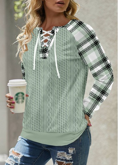 Modlily Sage Green Lace Up Plaid Long Sleeve Sweatshirt