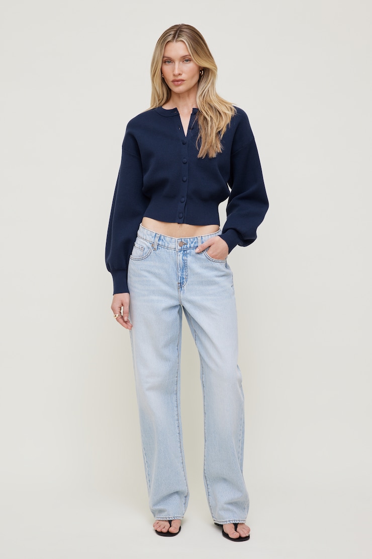 Balloon Sleeve Cardigan - Blue - Women Clothing