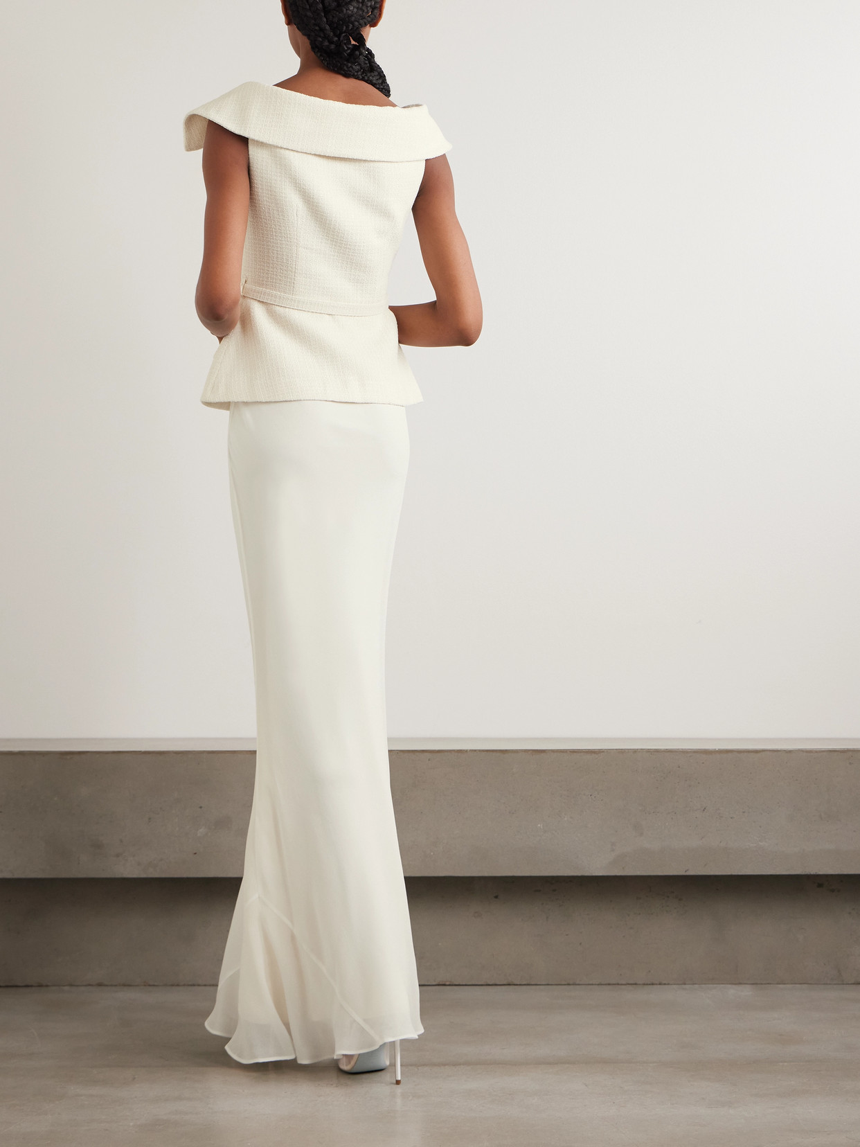Off-the-shoulder Belted Metallic Bouclé And Crepe Maxi Dress - Cream