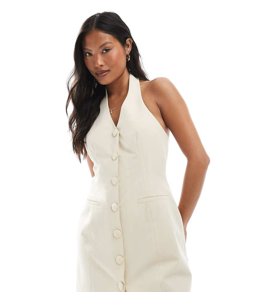 Tailored halter mini dress in cream-White