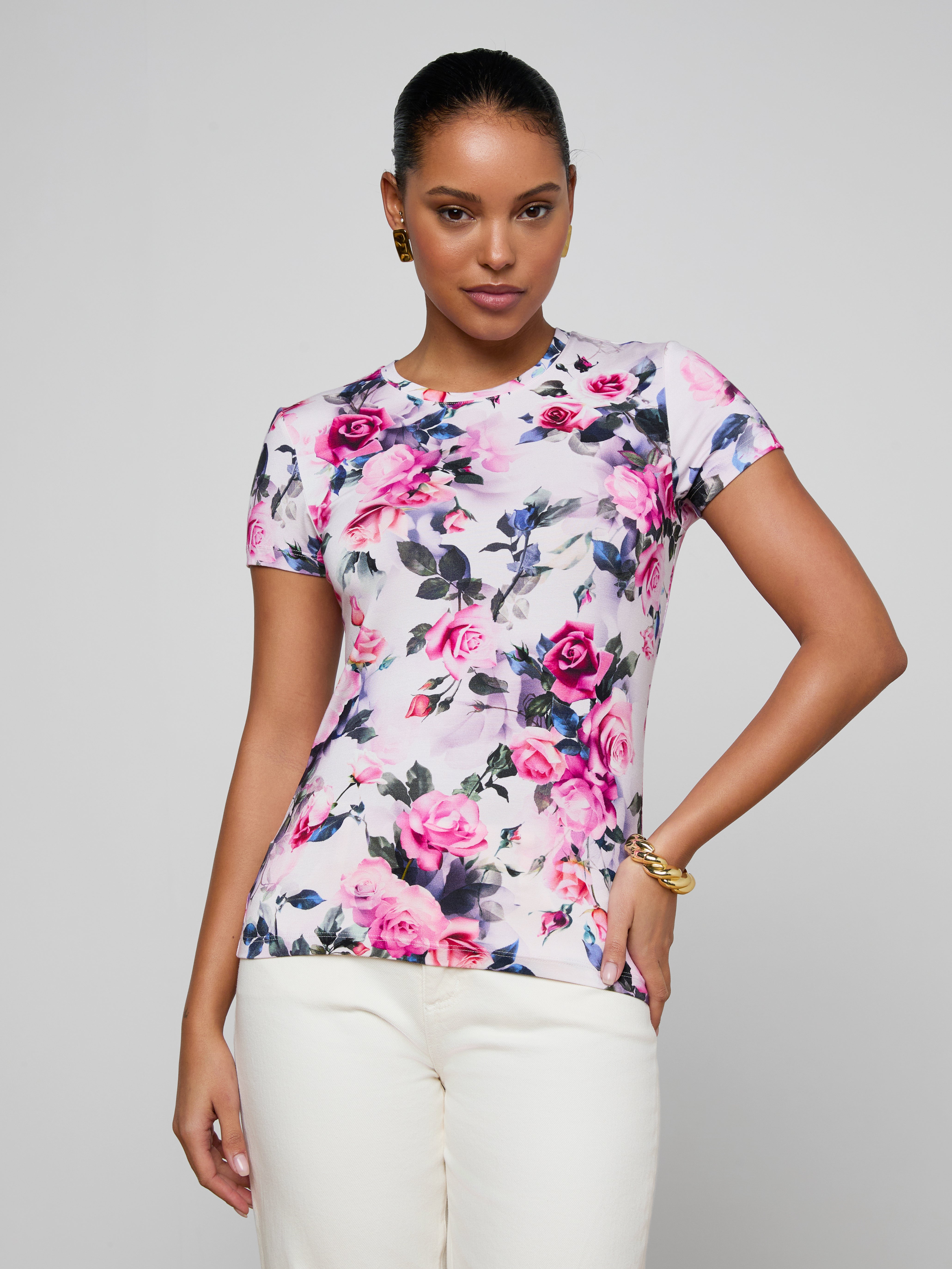 Ressi Fitted T-Shirt In Pink Multi Water Rose