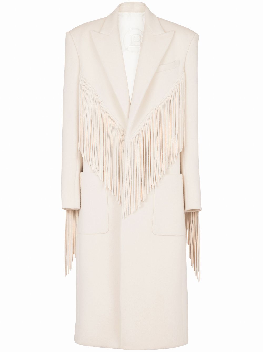 Single-breasted fringed maxi coat - Neutrals