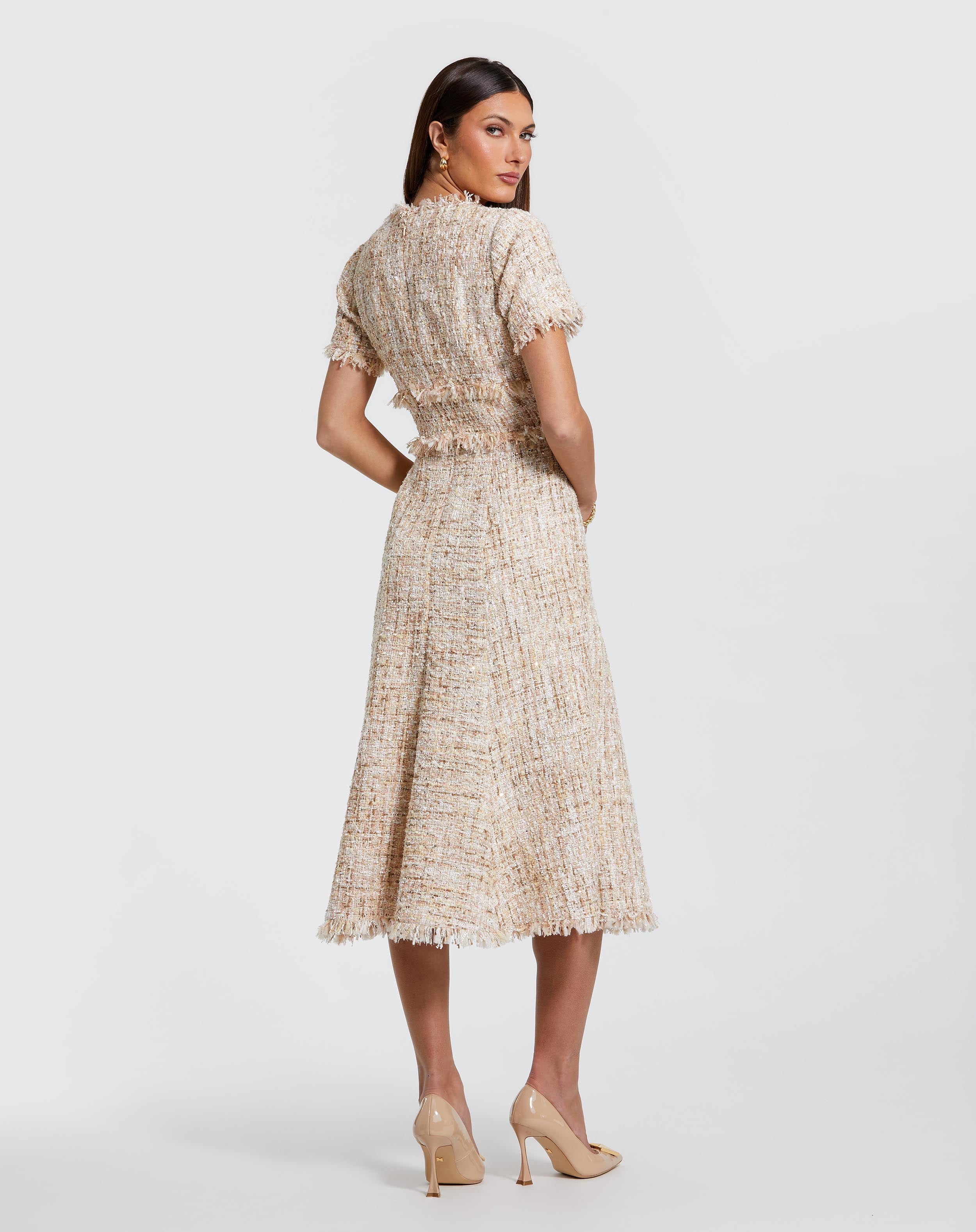 Boucle Short Sleeve A Line Midi Dress In Light Pink