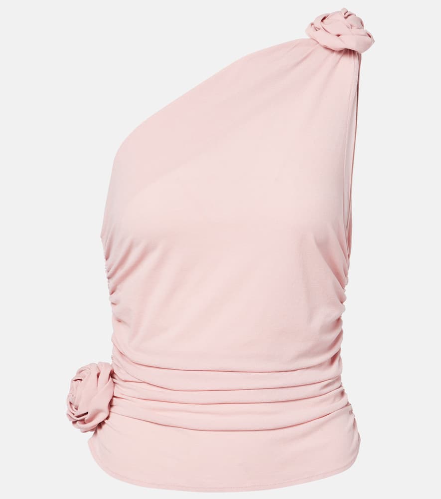 Floral-appliqué one-shoulder silk-blend top