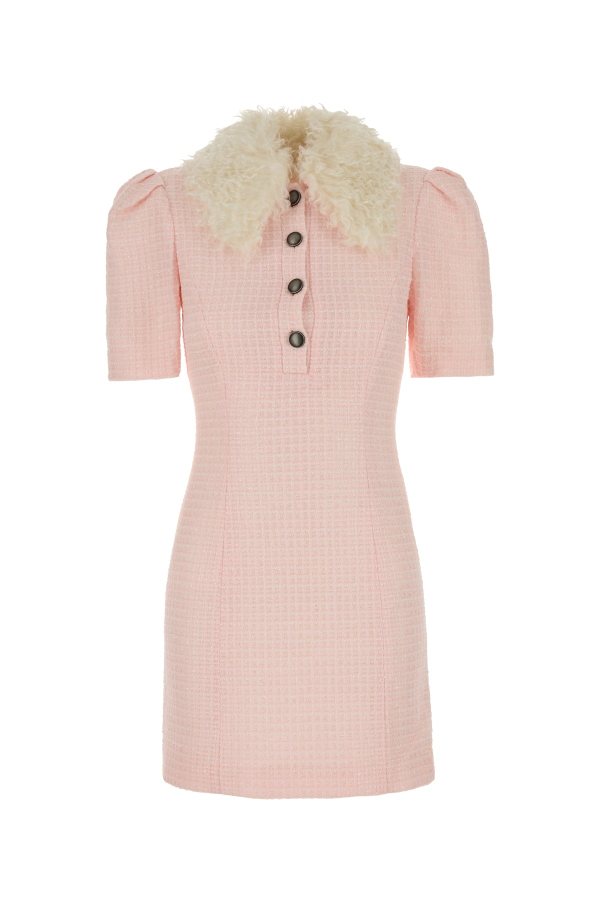Shearling-Collar Ribbed Knit Dress — Pink