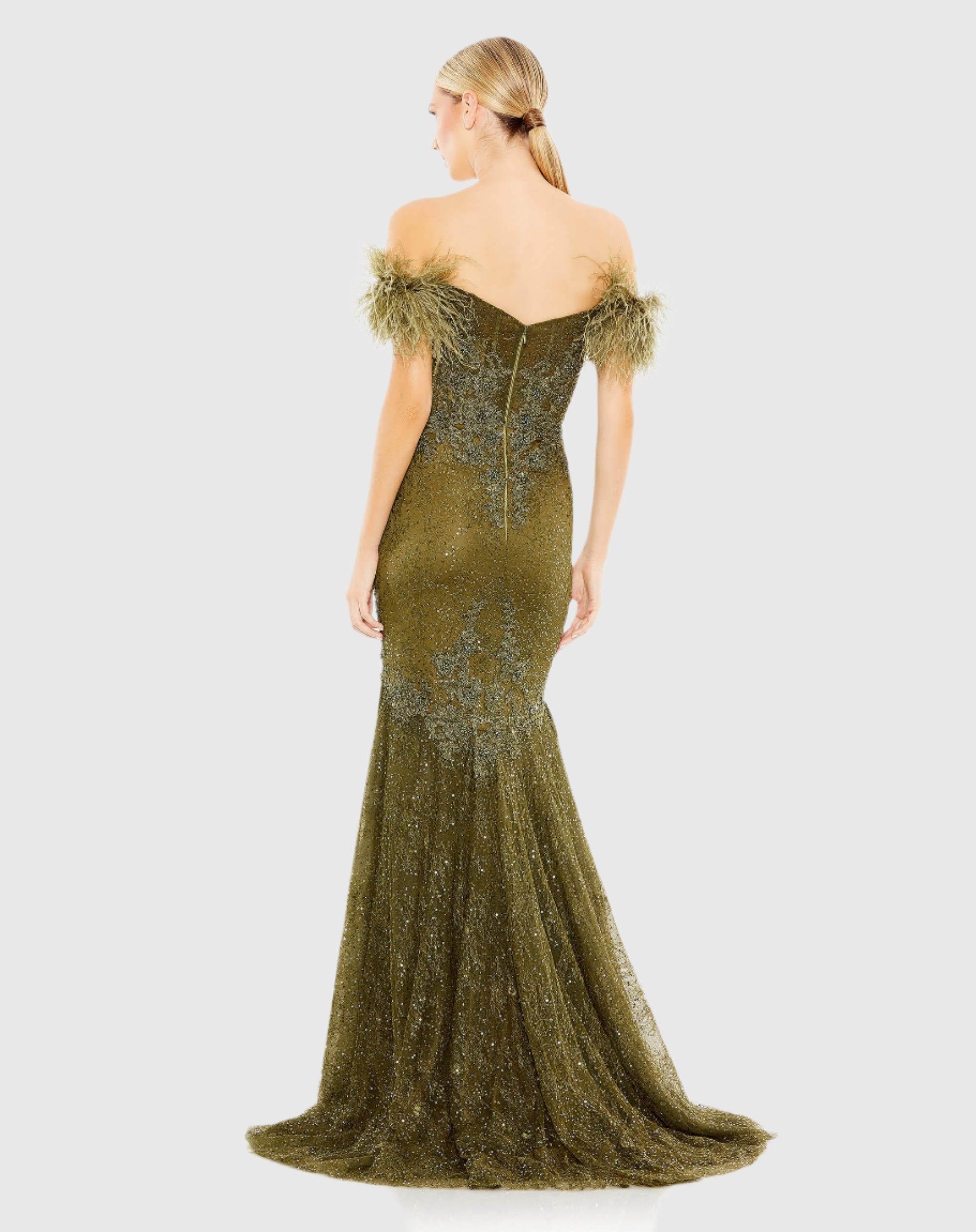 Green Feathered Crystal Embellished Sleeveless Wedding Guest Maxi Gown In