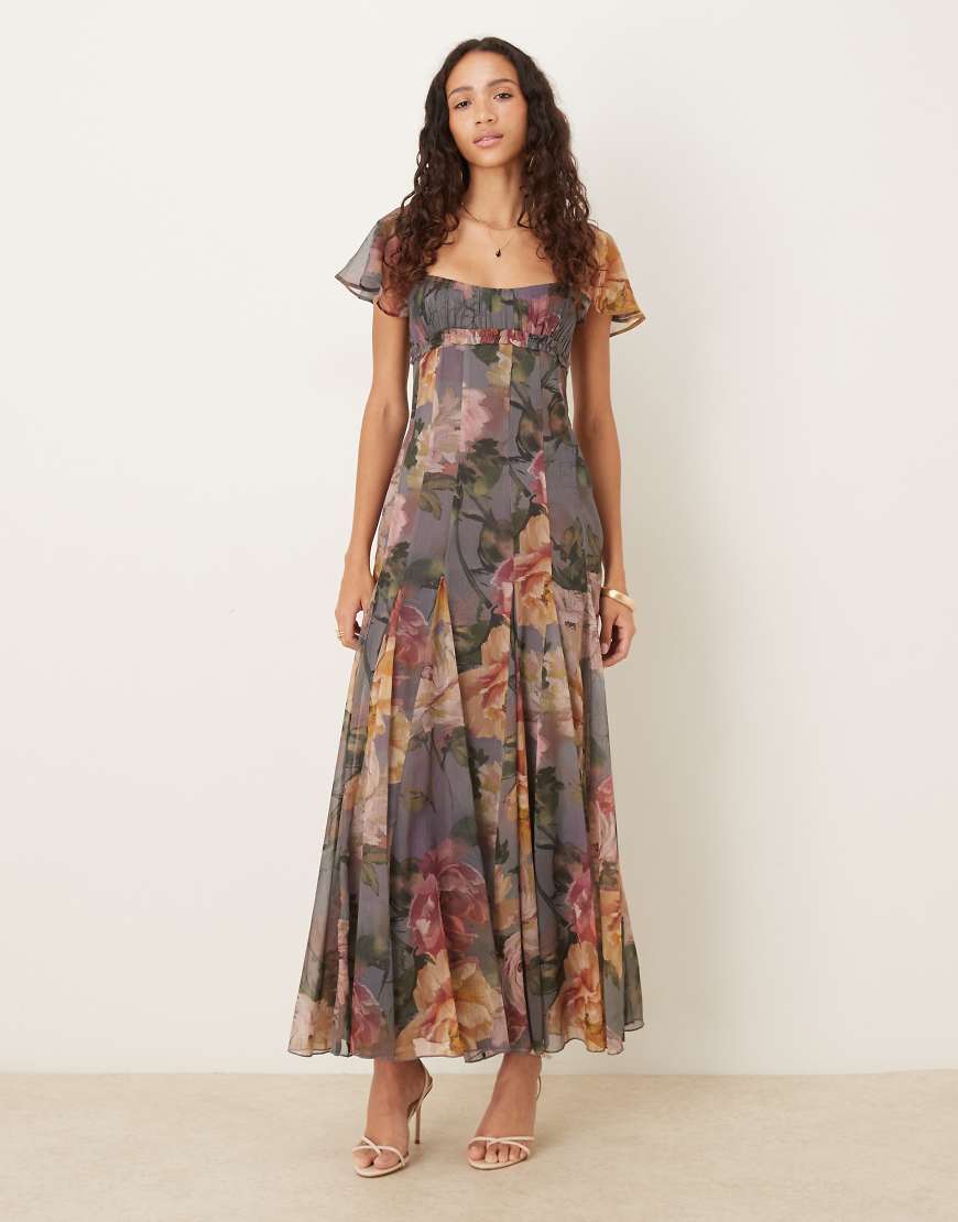 Ruched bust flutter sleeve midaxi dress with godets in blue oversized floral print-Multi