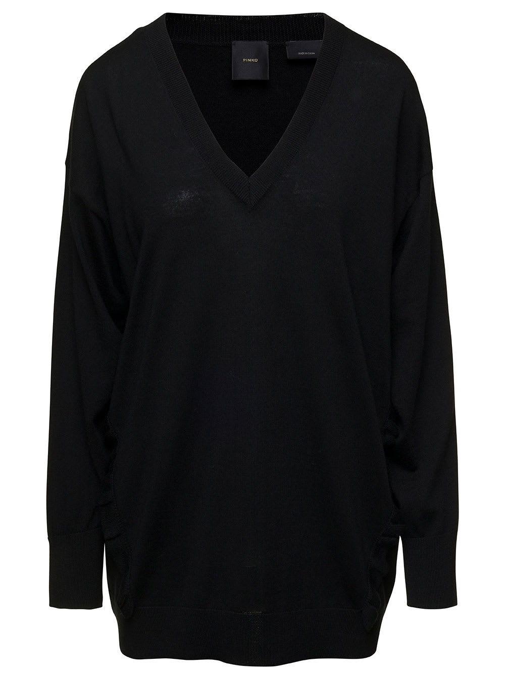 Ruffle-detail V-neck wool jumper - Black