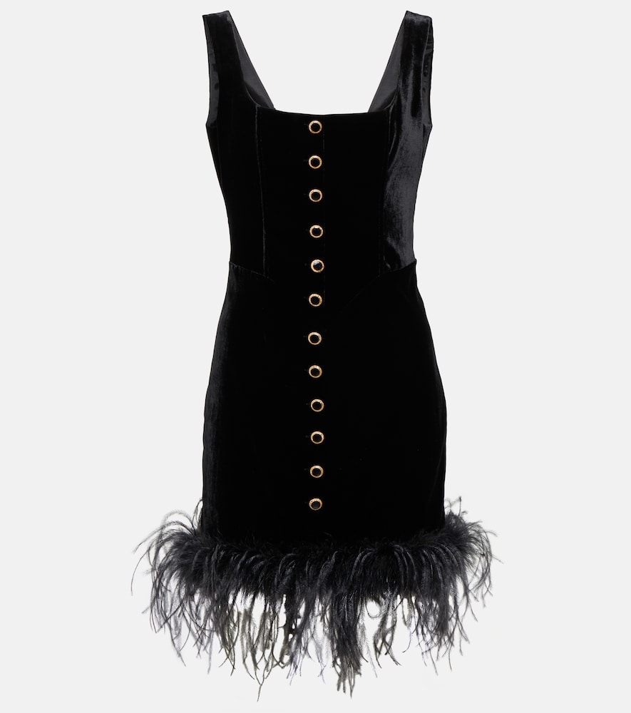 Feather-trimmed velvet minidress