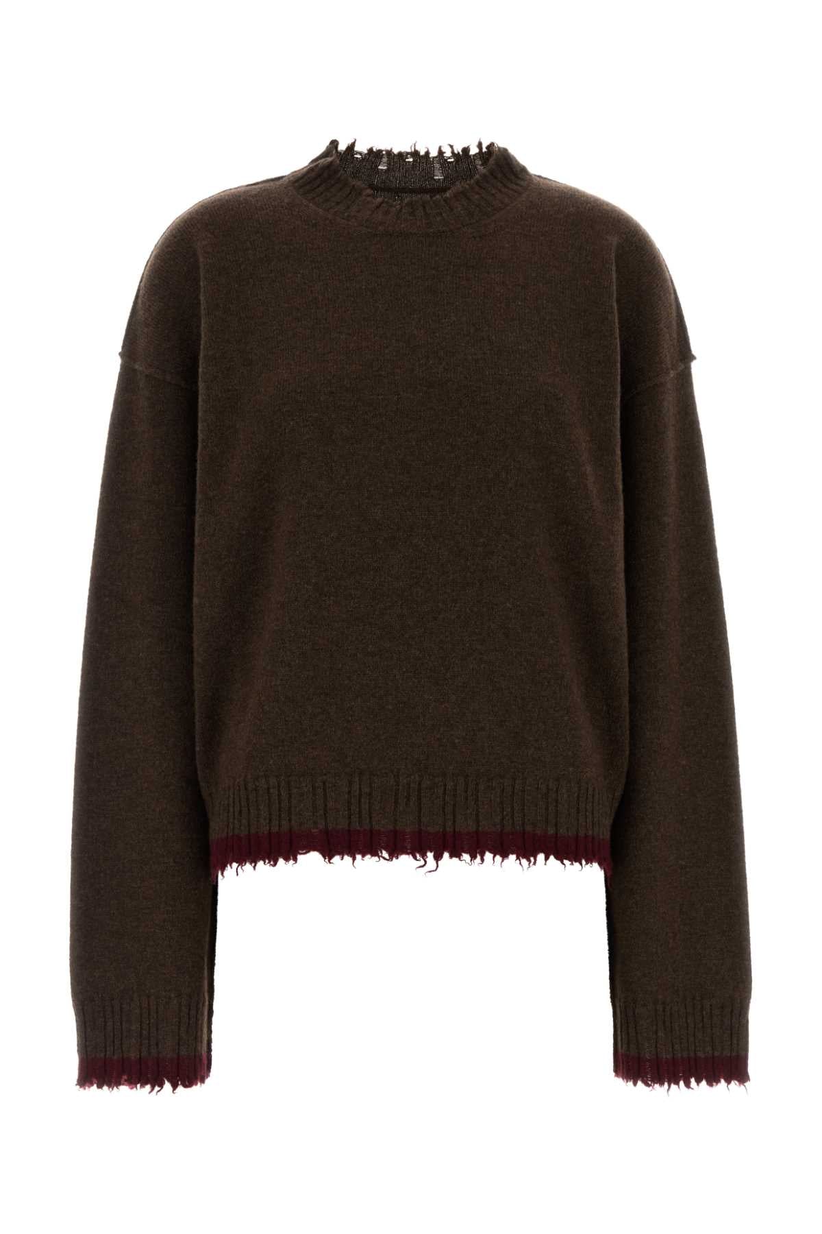 Cashmere Crew-Neck with Frayed Trim Sweater — Brown