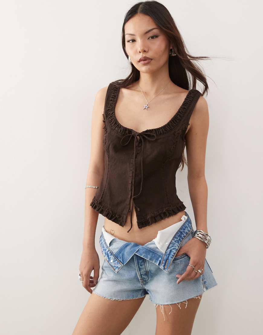 Corset tie front top in washed brown