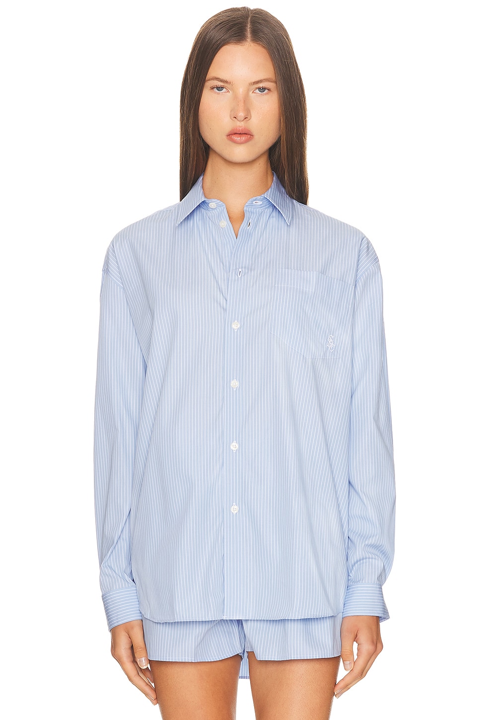 Sporty & Rich Oversized Button Down Top in Light Blue Striped - Baby Blue.  XS also in L, M