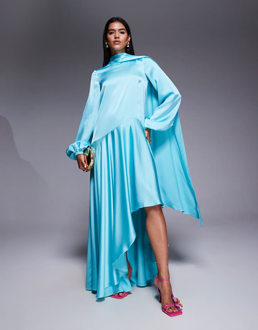 ASOS ARCHIVE satin maxi dress with dropped waist and scarf detail in turqouise-Blue