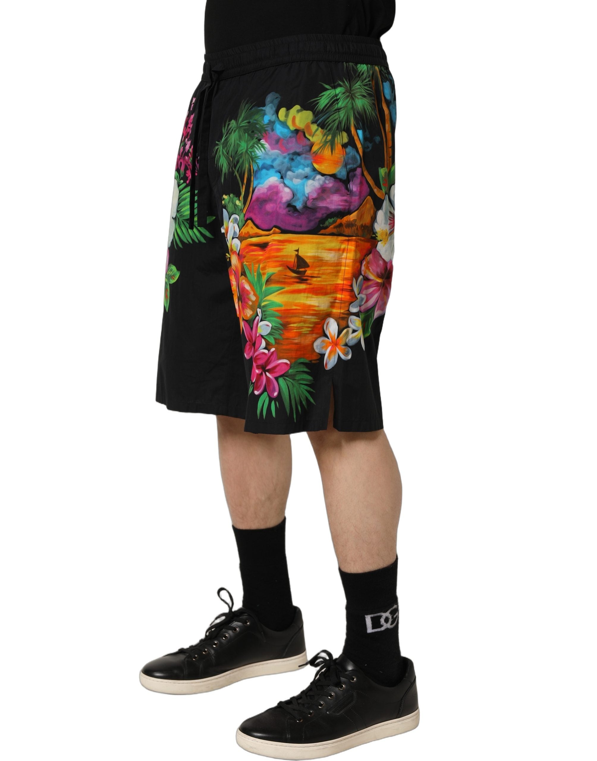 Tropical Floral Print Bermuda Shorts — Black