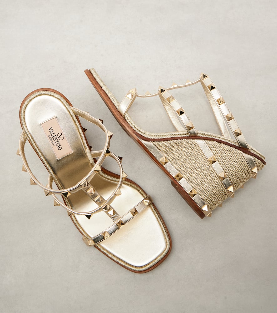 Rockstud metallic leather espadrille wedges