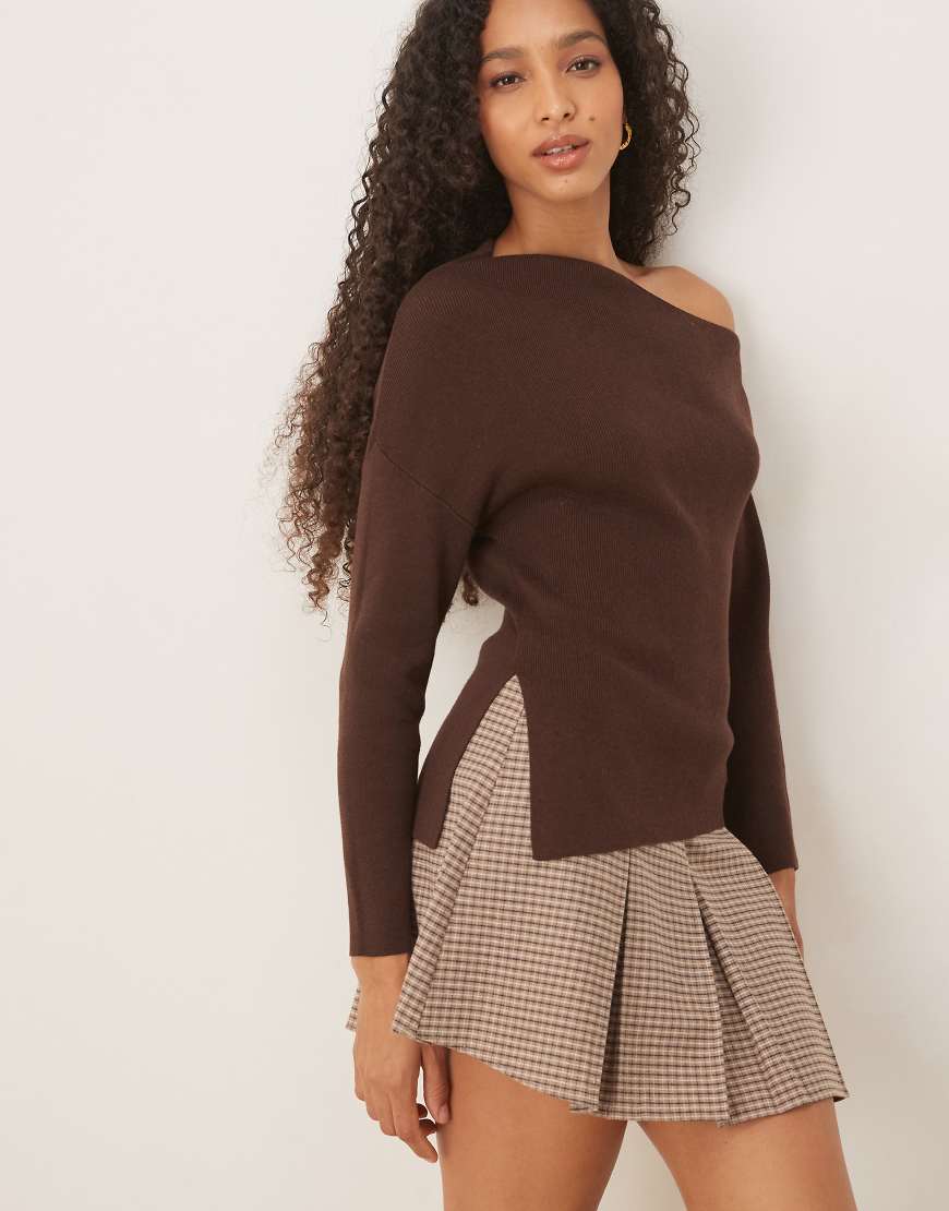 Knit asymmetric off-shoulder top in rib in chocolate-Brown