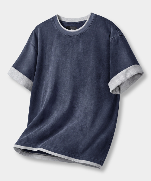 Color-blocked layered roll-up short-sleeve T-shirt_Pigment Navy