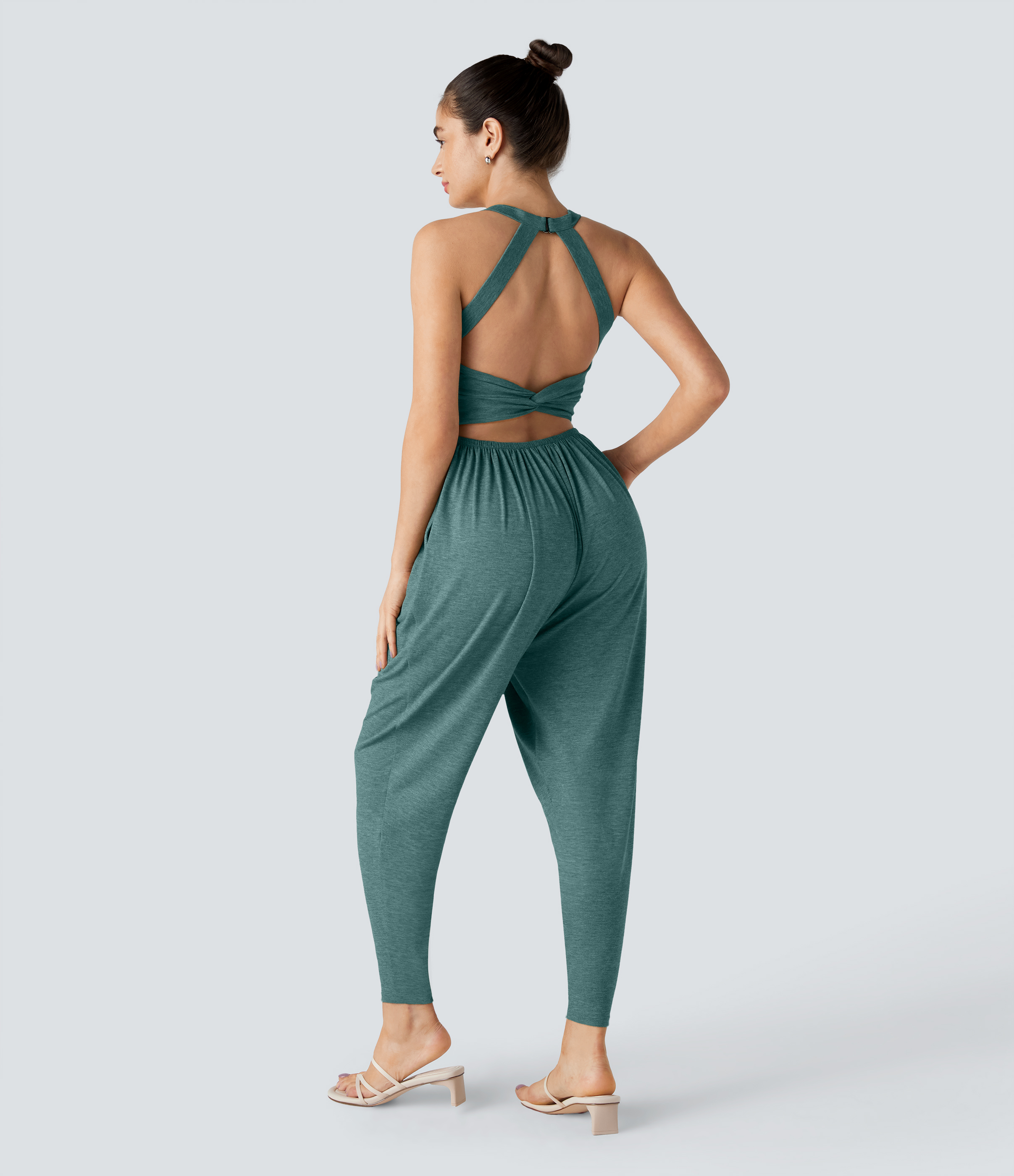 U Neck Pocket Harem Casual Jumpsuit-Easy Peezy Edition  - Jade Green Floral Yarn