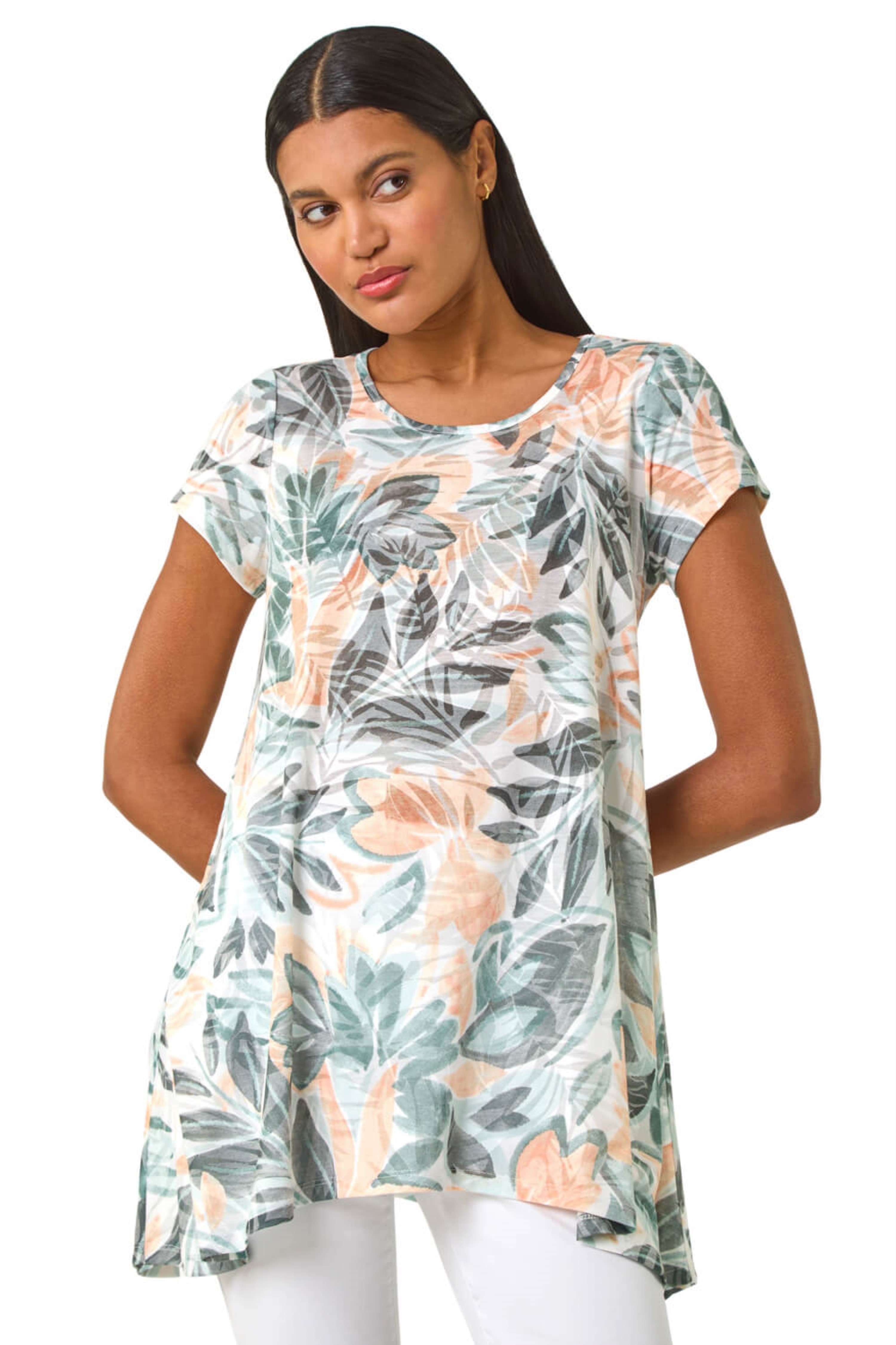 Roman Womens Leaf Print Hanky Hem Tunic Top - Green